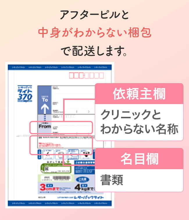 アフターピルと中身がわからない梱包で配送します。依頼主欄:クリニックとわからない名称、名目欄:書類
